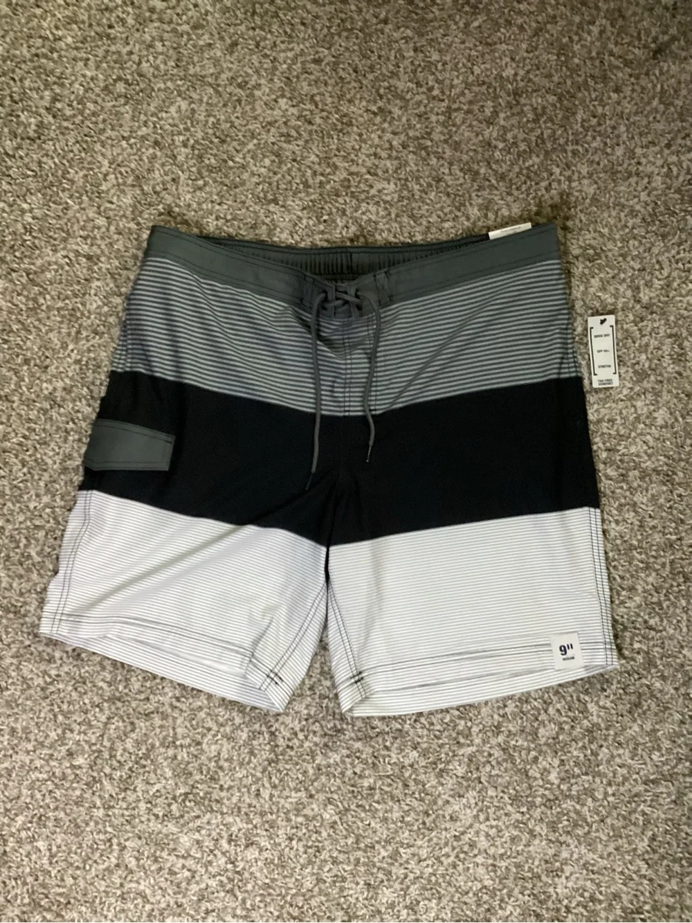 George Black, Gray & White Striped Athletic Swim Shorts